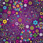 Seamless motley vivid violet floral pattern with colorful flowers, butterflies and decorative circles (vector)