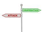 Signs with red "ATTACK" and green "COUNTERATTACK" pointing in opposite directions, Isolated on white background, 3d rendering