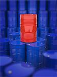 Oil and Petroleum. Red Oil Drum Standing on the Background of Blue Barrels.