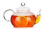 Glass teapot of black tea with lemon. Isolated on white background