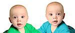 Twin baby boys in blue and green