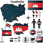 Vector of Cambodia set with detailed country shape with region borders, flags and icons