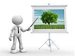 3d people - man, person pointing at a flip board with scenery of nature.