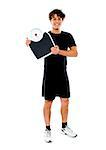 Handsome fit man holding weight machine over white background background