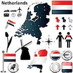 Vector set of Netherlands country shape with flags, windmills and icons isolated on white background