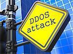 Internet Concept. DDOS Attack Roadsign on Blue Background.