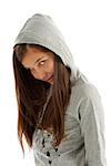Girl Teen with Long Brown Hair in Casual Gray Hooded Sweatshirt on white background