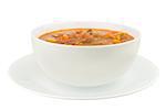 A bowl of vegetable beef soup isolated on a white background