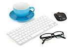 Coffee cup, keyboard, mouse and glasses. Isolated on white background