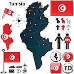 Vector of Tunisia set with detailed country shape with region borders, flags and icons