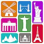 Wallpaper with famous historical sites in colorful rectangles