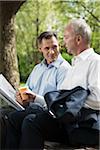 Businessmen Working on Park Bench, Mannheim, Baden-Wurttemberg, Germany