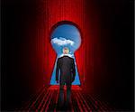 Doorway revealing cloudy sky with businessman standing