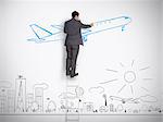 Businessman standing on ladder drawing airplane above town