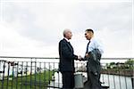 Mature businessmen standing by railing, shaking hands outdoors, Mannheim, Germany