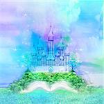 Magic world of tales, fairy castle appearing from the book