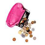 Pink leather purse and several different coins on white background