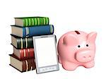 Piggy bank, e-book and books. Objects isolated over white