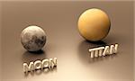 A rendered size-comparison sheet between the Earth Moon and the Saturn Moon Titan with captions.
