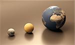 A rendered size-comparison sheet between the Planet Earth, the Moon and Saturn Moon Titan.