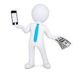 3d man changes the smartphone on the money. Isolated render on a white background