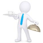 3d man holding a coffee cup on a platter. Isolated render on a white background