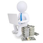 3d man with laptop sitting on a pile of money. Isolated render on a white background