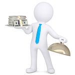 3d man holding a pile of money on a platter. Isolated render on a white background