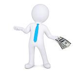 3d man with money holds out his hand. Isolated render on a white background