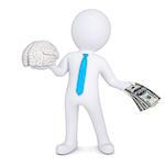 3d man changes the brain for money. Isolated render on a white background