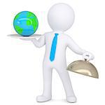 3d man holding a globe on a platter. Isolated render on a white background