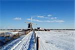 Dutch windmill on meadow during snowy winter