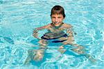 Activities on the pool. Cute boy swimming and playing in water in swimming pool