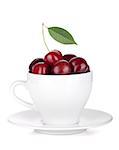 Ripe cherries in a coffee cup. Isolated on white background