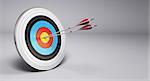 Two arrows hitting the center of a target, grey background. 3D render illustration