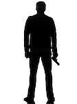 one man killer policeman holding gun silhouette rear view studio white background