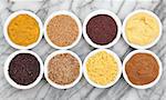 Mustard selection of powder, seed, french, dijon, english and wholegrain in white porcelain bowls over marble background.