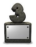 stone number three on socket with blank white sign - 3D illustration