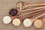 Rice varieties in olive wood spoons over hessian background.