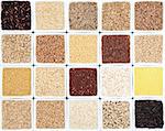 Large grain food selection in white dishes.