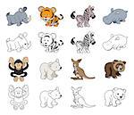 A set of cartoon wild animal illustrations. Color and black an white outline versions.