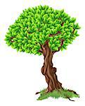 An illustration of a bright green tree with grass around the trunk