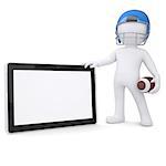 3d man in a football helmet holds tablet. Isolated render on a white background