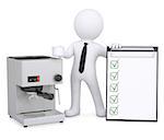 3d white man with a coffee machine and a checklist. Isolated render on a white background