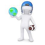 3d man in a football helmet holds the earth. Isolated render on a white background