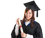 Portrait of happy Asian university student in graduate gown holding graduation diploma isolated on white background