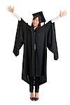 Full body university student. Excited Asian female in graduation gown hands raised open arms jumping isolated on white background.