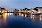 Illuminated Cityhall and Limmat River Bank in the Evening, Zurich, Switzerland