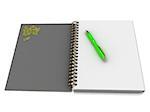 Notebook with a spiral, a handful of paper clips and a green pen on a white background