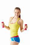 Smiling girl with dumbbells on a white background